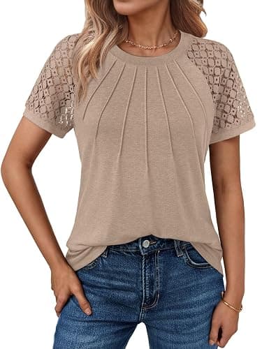 AUTOMET Women's Lace Short Sleeve Business Casual Top, Blouse with Unique Front Seam Detail Shirts - Image 1