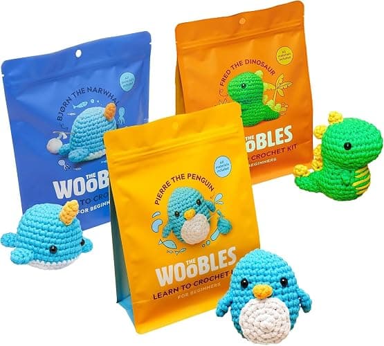 The Woobles Beginners Crochet Kit with Easy Peasy Yarn as seen on Shark Tank Bundle - with Step-by-Step Video Tutorials - Pierre The Penguin and Bjorn The Narwhal and Fred The Dinosaur - Image 1