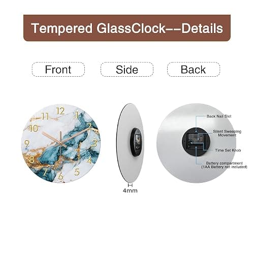RONGKEJIAJU Blue Gold Marble Wall Clock 12 Inch Modern Glass Silent | Battery Operated Non Ticking Round Analog Abstract Fluid Art Decorative for Living Room Kitchen Home Office Bedroom thumbnail 4