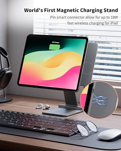 KU XIU [Upgrade] Magnetic Wireless Charging Stand for Pad Pro 12.9 (3rd/4th/5th/6th) & iPad Air 13 (M2/M3) ONLY, Foldable Aluminum Alloy Tablet Holder for Desk, Adjustable Desk Mount with 1M Cable thumbnail 3