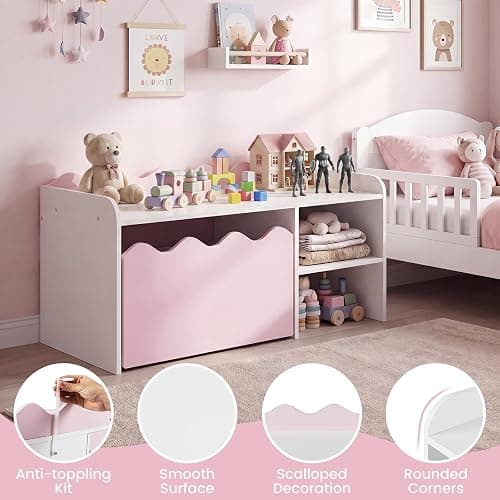 COSTWAY Kids Bookcase, Toy Organizer with Movable Drawer (Pink+White) | Flip-up Top, 4 Universal Wheels & Anti-toppling Kit, Wooden Children Bookshelf for Playroom, Daycare, Nursery thumbnail 6