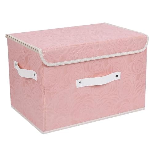 Lucky Monet Cute Storage Bin Boxes with Lids Washable Decorative Storage Boxes Pink Lidded Storage Baskets Collapsible Fabric Box Cubes with PU Leather Handles for Shelf Closet, 1 Pack Pink, Large - Image 1