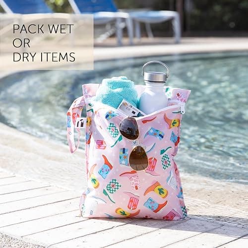 Bumkins Roamio - Waterproof Wet Bag - For Baby, Travel, Swim Suit, Cloth Diapers, Pump Parts, Pool, Gym, Toiletry, Strap to Stroller - Reusable & Easy to Clean - 2pk - Cowgirl Boots & Disco thumbnail 3