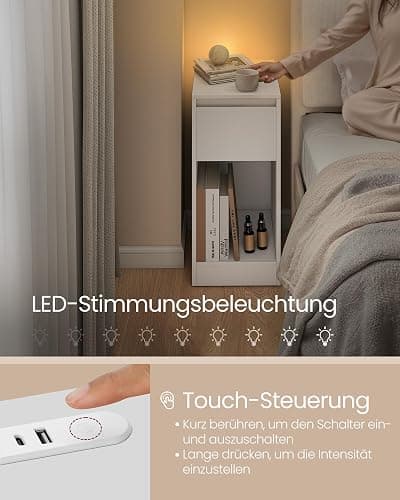 VASAGLE Kailyn Kollektion - Nachttisch, schmal, Beistelltisch, LED-Beleuchtung, 1 USB-A-Anschluss, 1 USB-C-Anschluss, Schublade, offenes Fach, für Schlafzimmer, Wohnzimmer, wolkenweiß LET610W01 thumbnail 4