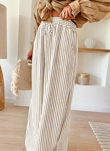 Acelitt Women Casual Drawstring Elastic Waist Striped Wide Leg Pants with Pockets, S-XXL thumbnail 3