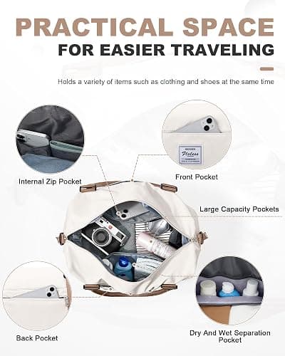 Travel Duffel Bag, 18x14x8 Inches Travel Bag Spirit with Shoes Compartment, Weekender Overnight Bag for Women with Trolley Sleeve, Carry On Bag for Airplanes Sport Tote Gym Bag BeigeBrown thumbnail 3