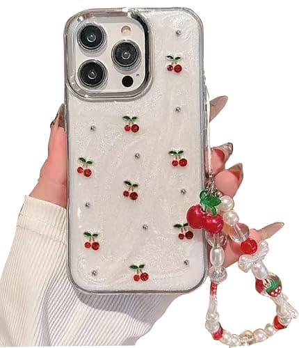 Cute Case for iPhone 15,Red Cherry Pearls with Phone Charm Chain,Pearlized Fruit Case for Women Girls Designed Shockproof - Image 1