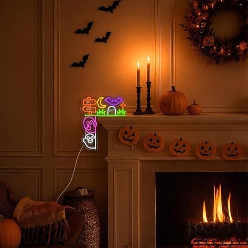 Halloween Neon Sign,Corner Ghost Decor,L-Shaped,15.7 * 12.9inch,USB Powered | Halloween Ghost Light, Hanging Sign for Window/Wall/ Door,Halloween Decorations with Bat/Moon/Cobweb, No Batteries Required thumbnail 2
