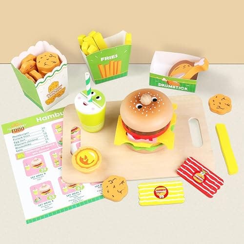 Wooden Hamburger Play Food Set for Kids, Fast Food Playset with Tray, Pretend Play Kitchen Accessories for Toddlers thumbnail 2