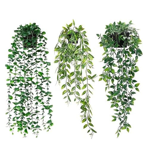 Lafecuw Artificial Hanging Plant, 3 Pack Fake Hanging Plants with Pot, Greenery Faux Fake Ivy Decor, Fake Ivy Potted Plants for Indoor Outdoor Home Decor Wall Room Patio Office Table Shelf - Image 1