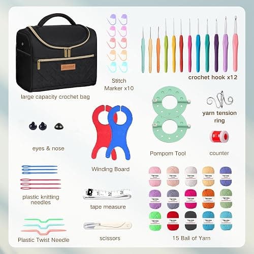 Yarniss Crochet Kits with Yarn,1120 Yards Soft Crochet Skeins, 12 Size Ergonomic Crochet Hooks with Portable Crochet Bag,Black thumbnail 2