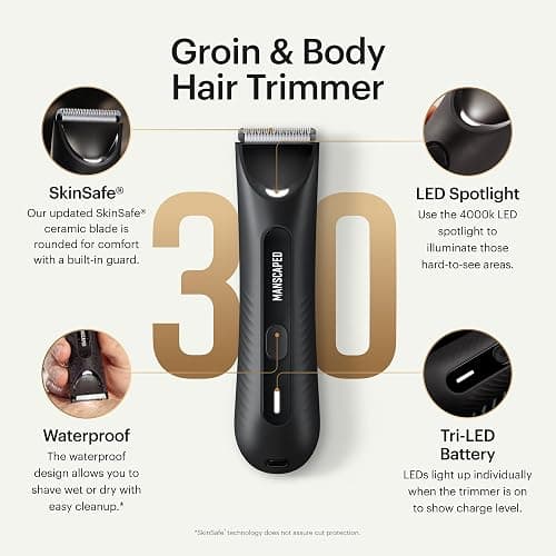 MANSCAPED® The Lawn Mower® 3.0 Plus Groin & Body Hair Trimmer – Updated SkinSafe® Trimmer Blade, Waterproof Wet/Dry Groomer, USB-C Rechargeable, Men’s Wireless Ball Shaver, Tuxedo Black thumbnail 2