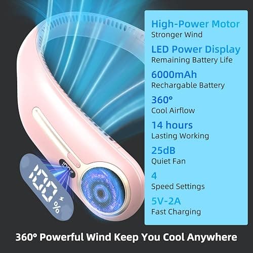 Portable Neck Fan,Hands Free Personal Wearable Bladeless Fan,6000mAh USB Rechargeable,360° Cooling,LED Display,4-Speeds,Birthday Gifts for Men Women Dad Mom,Fathers Day,Mothers Day Gifts (Pink) thumbnail 3