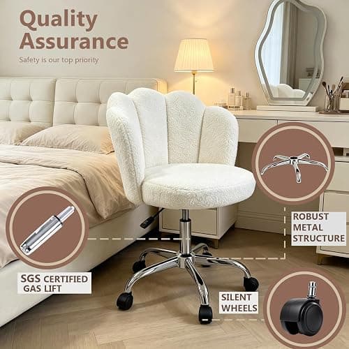 Vanity Chair with Teddy Fleece, Armless Swivel Desk Chair | Adjustable Height | 360° Swivel for Makeup | 47cm WideSeat for Bedroom, Home Office, Small Space | Up To 300lb(Cream White) thumbnail 7