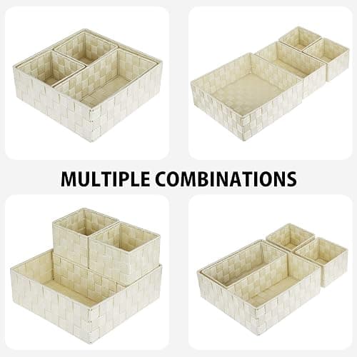 Posprica Woven Storage Baskets for Organizing, Small Black Baskets Cube Bin Container Tote Organizer Divider for Drawer, Closet, Shelf, Dresser, Set of 4(Beige) thumbnail 4