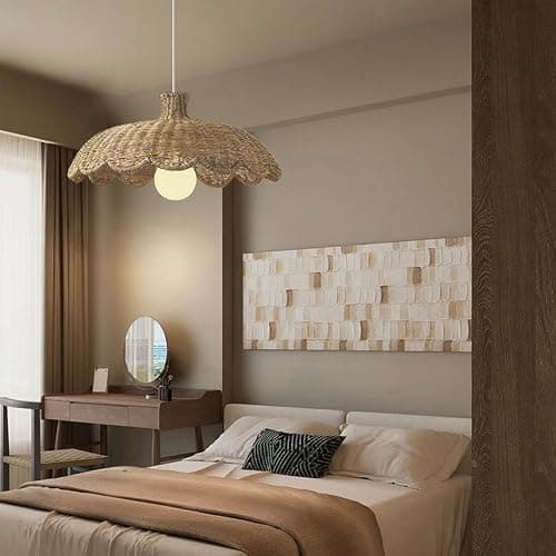 MIXL-Rattan Woven Beige Pendant Light,Scalloped Shade Small Hanging Light,Rustic Kitchen Island Lighting,Boho Style Pendant Lamp for Living Room Bedroom thumbnail 3