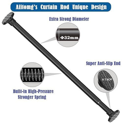 Curtain Pole No Drilling Extendable Telescopic Rod Extra Thick Shower Curtain Rail Tension Rod for Bathroom, Bedroom Black (85-155CM Φ32 mm) thumbnail 3