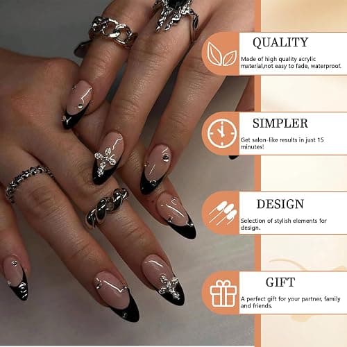GlamRays 24 Stück Press On Nails Mandel 3D Legierung Kreuz Design Schwarz Französische Spitze Mittel Mit Design Passgenau Acryl Falscher Nagel Set thumbnail 4