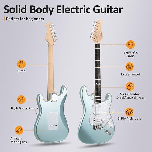 AODSK Electric Guitar, 39" Beginner Electric Guitar Kit, Matte Finish, HSS Pickups, Guitar Starter Kit with AMP, Includes Digital Tuner, Strings, Pick, Vibrato Bar, Capo, Strap, Gig Bag, Blue thumbnail 2