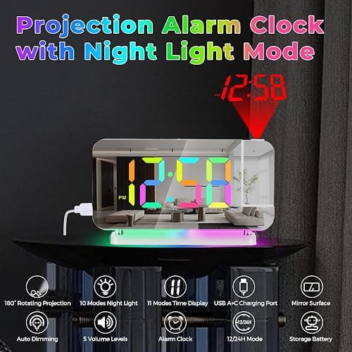 Poeroa Projection Clock, 7.4" LED Mirror Digital Alarm Clocks, with RGB Night Light, 180° Rotatable Projector,USB C Charger Port, Auto Dimmer, Modern Desk Clock for Teens Girl Adults Bedroom - White thumbnail 5