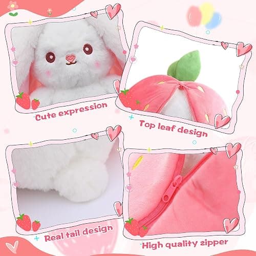 MIAODAM Bunny Stuffed Animal Reversible Cuddle Bunny Stuffed,Christmas Strawberry Bunny Transformed Rabbit Plush Zipper,Turns Into Ears Bunnies Plushies Toy Cute Stuffy Doll Easter Girlfriend Gift thumbnail 4