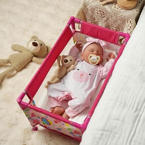 BABESIDE Baby Doll Crib for 18 Inch Dolls, Baby Doll Bed with Cute Pink Heart Storage Bag Accessories, Toy Crib Doll Furniture Gift for Girls Age 3+ thumbnail 7