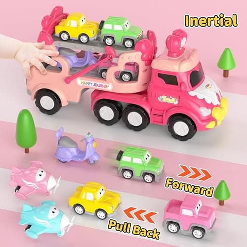newcrave Truck Toys for 1 2 3 Year Old Girl, 7-in-1 Carrier Cars Toys for Toddler Girls Age 1-2 2-3, Princess Toy with Light & Sound, Easter Christmas Birthday Gifts for 1 2 3+ Year Old Girls thumbnail 8