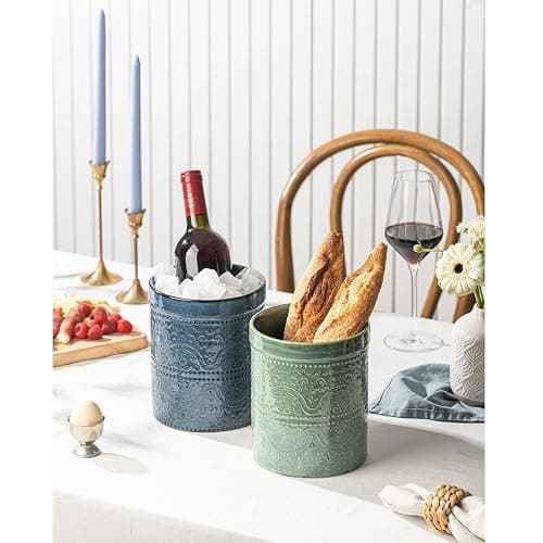 MIKIGEY Kitchen Utensil Holder, 7 Inches Large Ceramic Utensil Holder for Countertop, Lace Emboss Cooking Utensil Crocks for Kitchen, Home Decor, Reactive Blue thumbnail 6