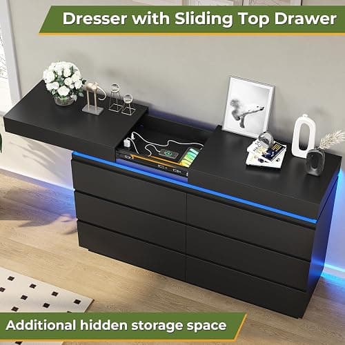 DICTAC Modern 6 Drawer Dresser with Sliding Desktop, Wide Chest of Drawers with Charging Station & LED Lights, Large Storage Tower Clothes Organizer, Black Dresser for Bedroom thumbnail 4
