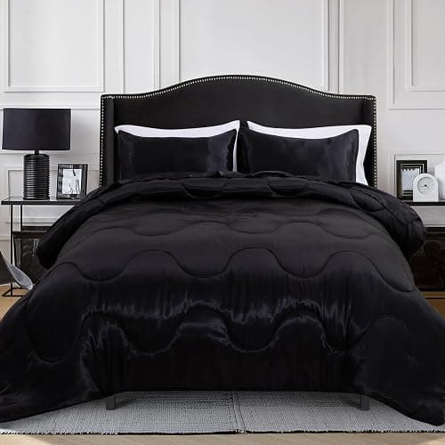 A Nice Night Satin Silky Soft Quilt Luxury Super Soft Microfiber Bedding Thin Comforter Set Full/Queen, Light Weighted (Black, Queen) - Black - Queen thumbnail 3