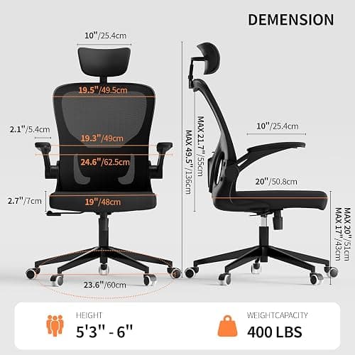 Monhey Office Chair Ergonomic Desk Chair with Lumbar Support&Headrest&Flip-up Arms Height Adjustable Rocking Swivel High Back Computer Chair Black Mesh Study Chair (03All Black) thumbnail 2
