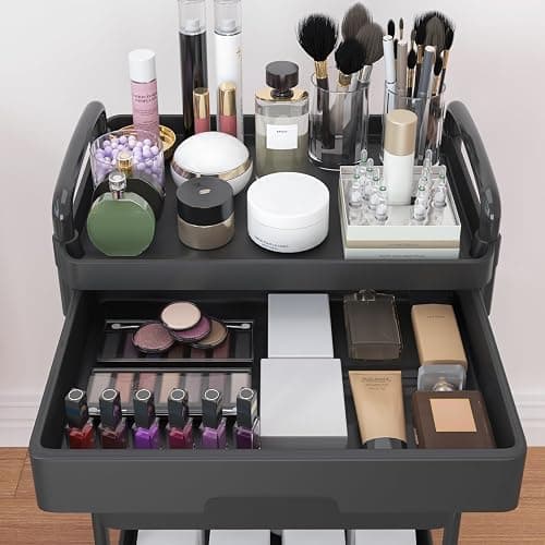 Calmootey 3-Tier Utility Cart with Drawer & Wheels, Storage for Home,Office | Space-Saving Organizer, Sturdy Plastic Shelves, Smooth-Rolling Metal Wheels, Built-in Drawer for Small Items, Black thumbnail 9