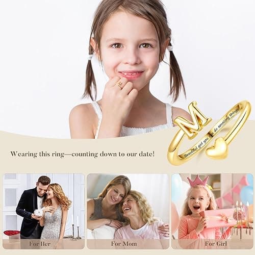 Turandoss Birthday Gifts for 6 7 8 9 10 11 12 13 14 15 16 Year Old Girls | Teen Girl Gifts Trendy Stuff, 14K Gold Plated Initial Letter A-Z Adjustable Heart Ring, Personalized Rings for Teen Girls thumbnail 4