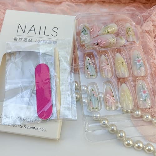 Mkwntg 24Pcs Gradient Press on Nails Medium Almond Fake Nails 3D Light Flower Blush Pearl Shimmer False Nails Pink Blue White Glue on Nails Reusable Acrylic Spring Floral Stick on Nail for Women thumbnail 5
