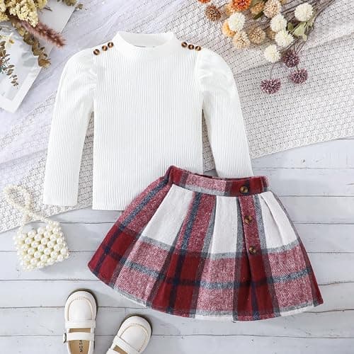 Guodeunh Toddler Girl Clothes,Girls Clothes Skirt Set Puff Sleeve Tops + Plaid Skirt 2 Pcs Fall Winter Outfits thumbnail 2