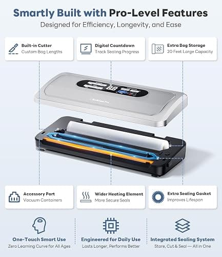 Vacuum Sealer Machine with AirLock ProSeal System, 10-in-1 Vacuum Sealer for Food, Dry & Moist Modes, Compact Design with Digital Timer, Built-in Cutter & Roll Storage, Stainless Steel thumbnail 8