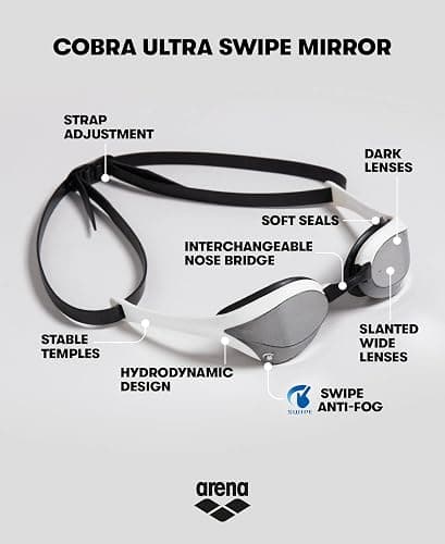 arena Cobra Ultra Swipe Mirror Unisex Adult Racing Swimming Goggles, Swimming Pool Goggles with Curved Mirror Lenses, Anti-Fog, UV Protection, 5 Interchangeable Nose Bridges thumbnail 2