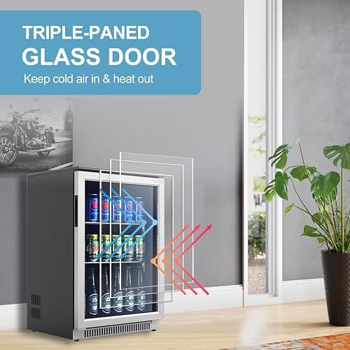 Weili 20 Inch Built in Beverage Fridge with Glass Door, 120 Can Under Counter Soda Beer Drink Refrigerator with Blue LED Light for Home Office or Bar, 36-50°F Auto Defrost thumbnail 5