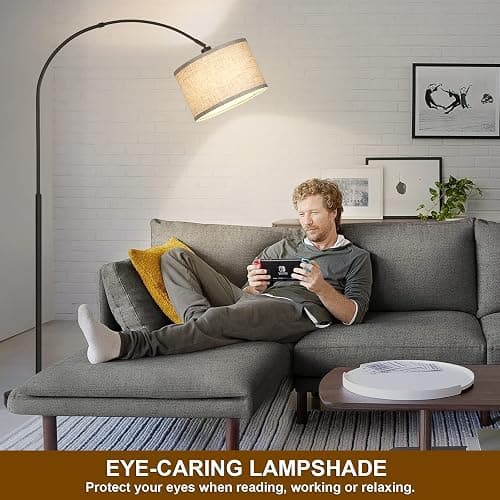 Arc Floor Lamps for Living Room, Modern Standing Lamp with Adjustable Hanging Drum Shade, Tall Pole Lamp with Foot Switch, Over Couch Arched Reading Light for Bedroom, Office (Black) thumbnail 5