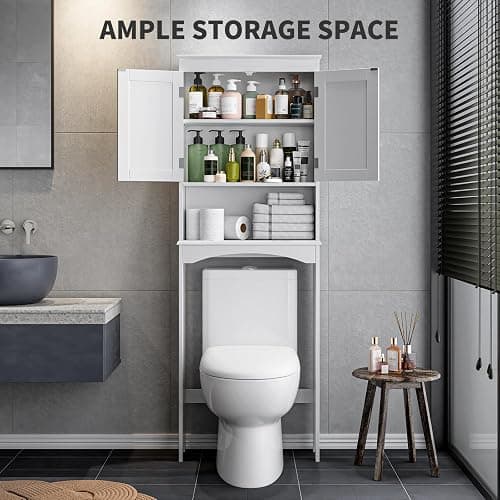 Bealife Over The Toilet Storage Cabinet with Open Shelf, Organizer with Adjustable Shelf and Double Doors,Over The Toilet Storage Shelf Free Standing- White thumbnail 4