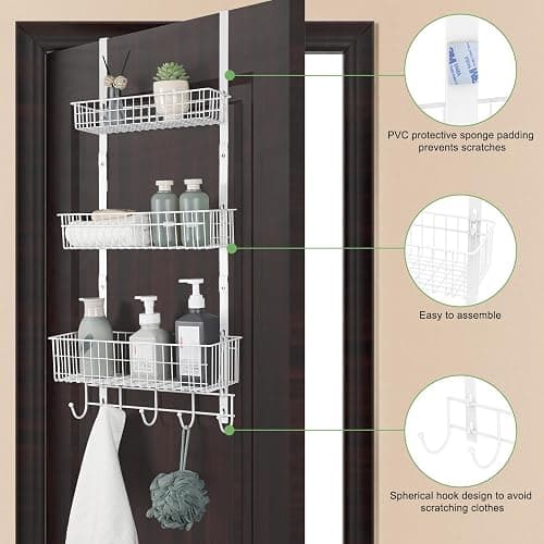 ETELI Over The Door Basket Organizer with 3 Mesh Baskets and 5 Hooks Heavy Duty Pantry Door Organizer Back of Door Storage Rack for Bathroom, Kitchen, Office, White thumbnail 5