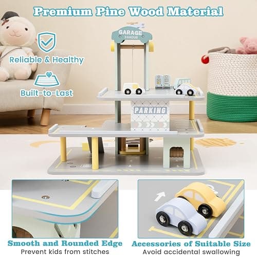 Costzon Toy Car Garage, Multi-Level Wooden Toy Garage with 4 Cars, Helicopter, Gas & Charging Station, Ramp & Working Elevator, Parking Garage for Toy Cars, Pretend Play Gift for Kids Toddlers 3+ thumbnail 8