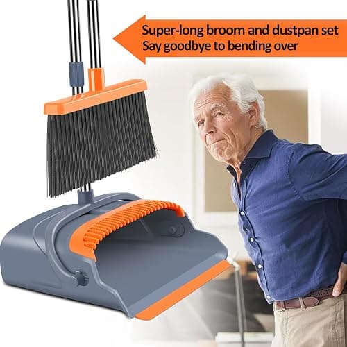 kelamayi Upgrade Broom and Dustpan Set, Self-Cleaning with Dustpan Teeth, Indoor&Outdoor Sweeping, Ideal for Dog Cat Pets Home Use, Stand Up Broom and Dustpan (Gray&Orange) thumbnail 5