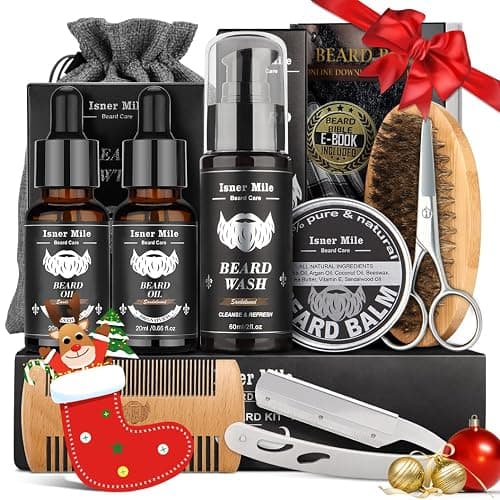 Isner Mile Beard Grooming Kit for Men Care: Trimming Sets with Beard Wash - Oil - Balm - Brush - Comb & Straight Razor, Birthday Christmas Gifts Mens Stocking Stuffers for Him Boyfriend Dad Husband - Image 1