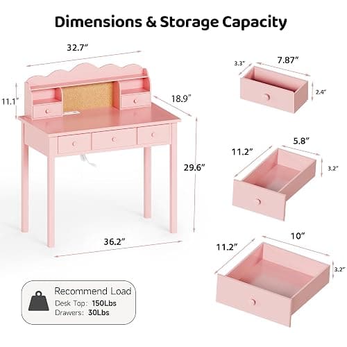 FUNKOCO Home Office Furniture Writing Desk,Computer Work Station with Detachable Hutch,5 Drawers(Pink) thumbnail 2