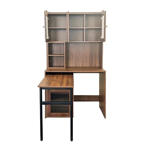LUMISOL L Shaped Computer Desk with 90 Degree Rotating Desktop, Home Office Desk with Hutch & Bookshelf, Multi-Functional Woking Table with Storage Drawers for Study Room Office Living Room, Walnut thumbnail 7