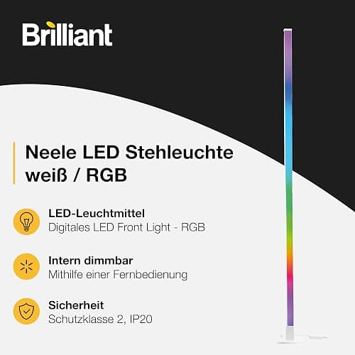 Brilliant RGB-LED Stehlampe | 150 cm Höhe | dimmbare Standleuchte mit Musiksensor & Fernbedienung & RGB-Frontlight | max. 125 lm | integiertes LED | aus Aluminium/Kunststoff in Weiß thumbnail 4