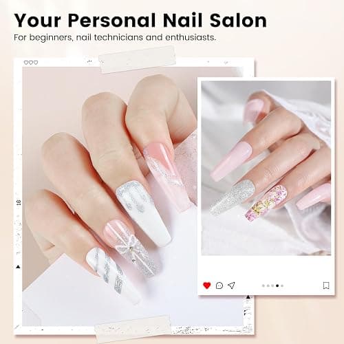 Acrylic Nail Kit for Beginners with Everything Practice Hand UV Lamp, White | Nail Starters Set with Monomer Liquid Powder, 20000RPM Drill, 80W Curing Light, 24 Glitter Sequins, Top Coat, for Women Gift thumbnail 7