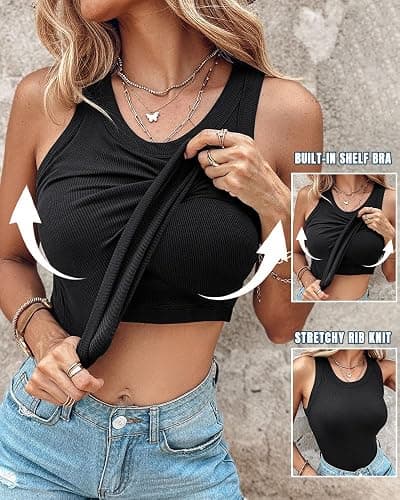 CHICME Women Built-in Bra Tank Tops Sleeveless Casual Shirts Racerback Ribbed Fitted Tank Tops thumbnail 4