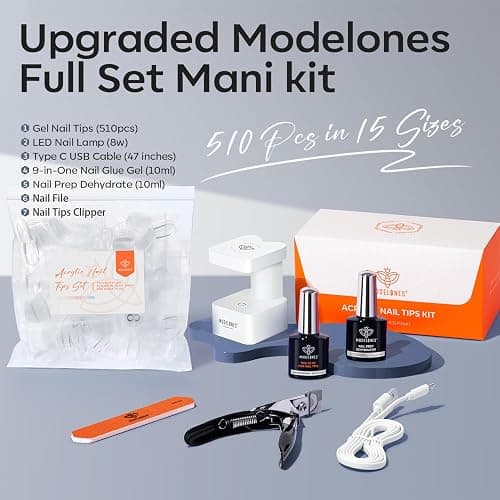 modelones Gel Nail Kit Medium Coffin, Upgrade 510Pcs Fake Nails, 9-in-One Glue Prep Dehydrator & Portable Mini U V Light Acrylic Clipper, Coffin Tips Extension Kit for DIY Salon Home Gifts thumbnail 5